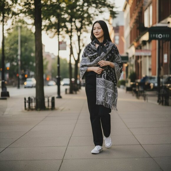 Pashmina Silk Scarf - New in packaging. Black and Silver / Inventory Reduction - Picture 2 of 3